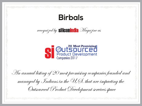SiliconIndia certificate recognizing Birbals among the 20 Most Promising Outsourced Product Development Companies 2017