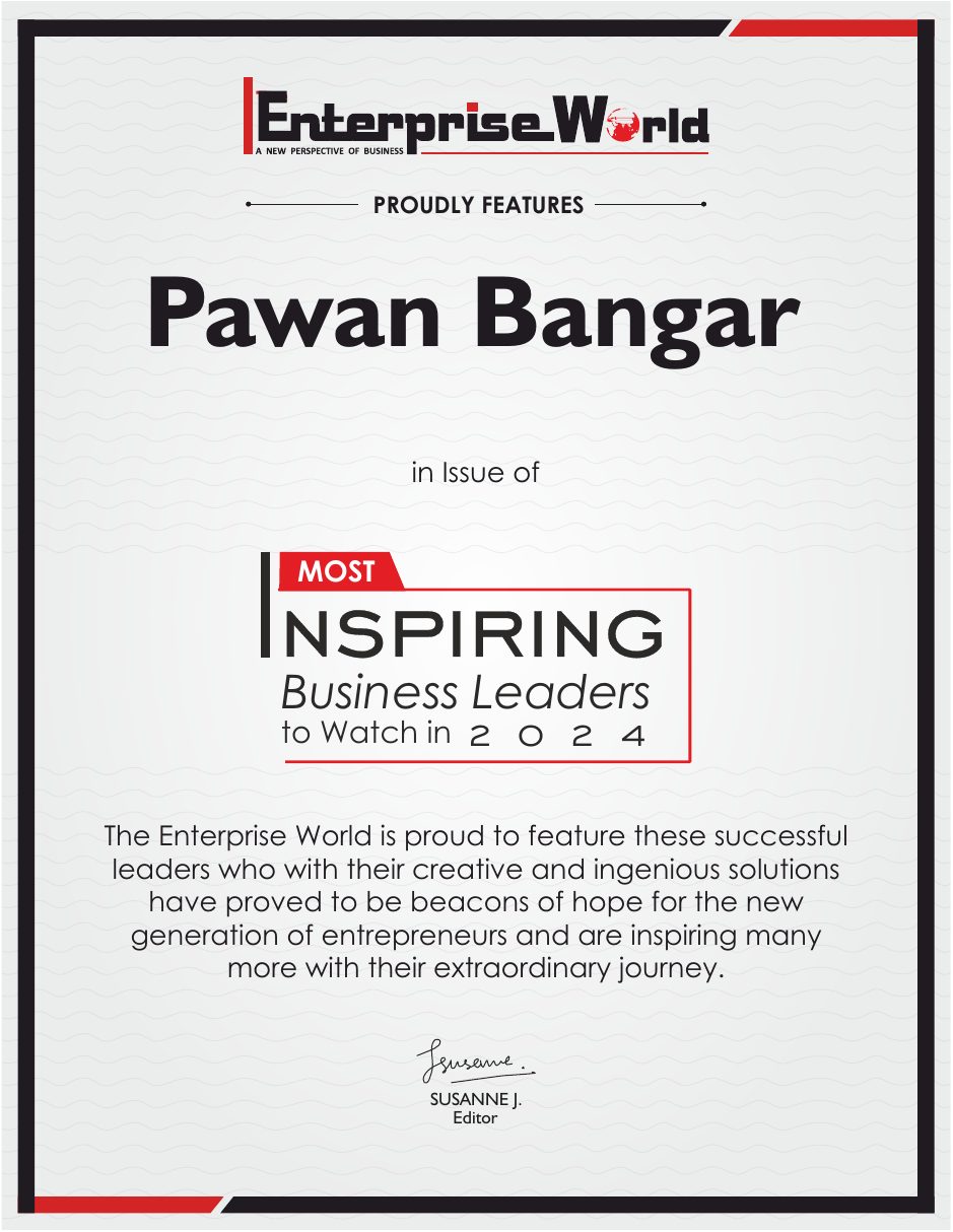 The Enterprise World certificate featuring Pawan Bangar in Most Inspiring Business Leaders to Watch in 2024